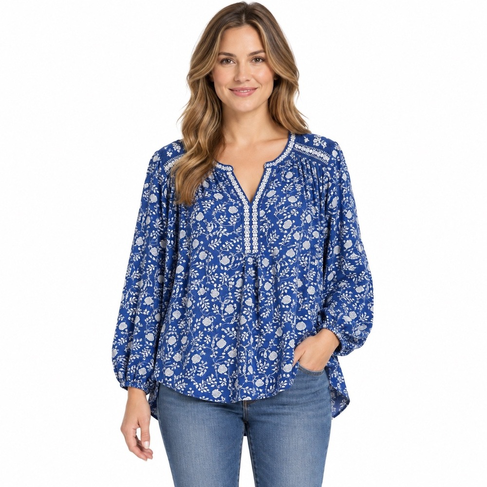 Lucky Brand XL Blue White Floral Boho Embroidered Peasant Blouse Top